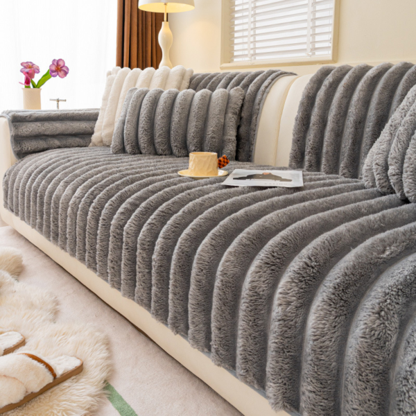Plush Faux Rabbit Fur Sofa Cover Non-Slip Channel Tufted Couch Protector